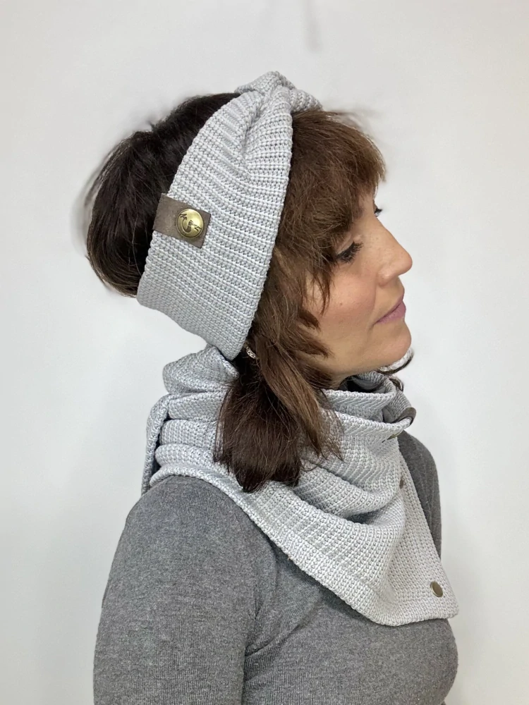Boho pletená čelenka - Misty grey