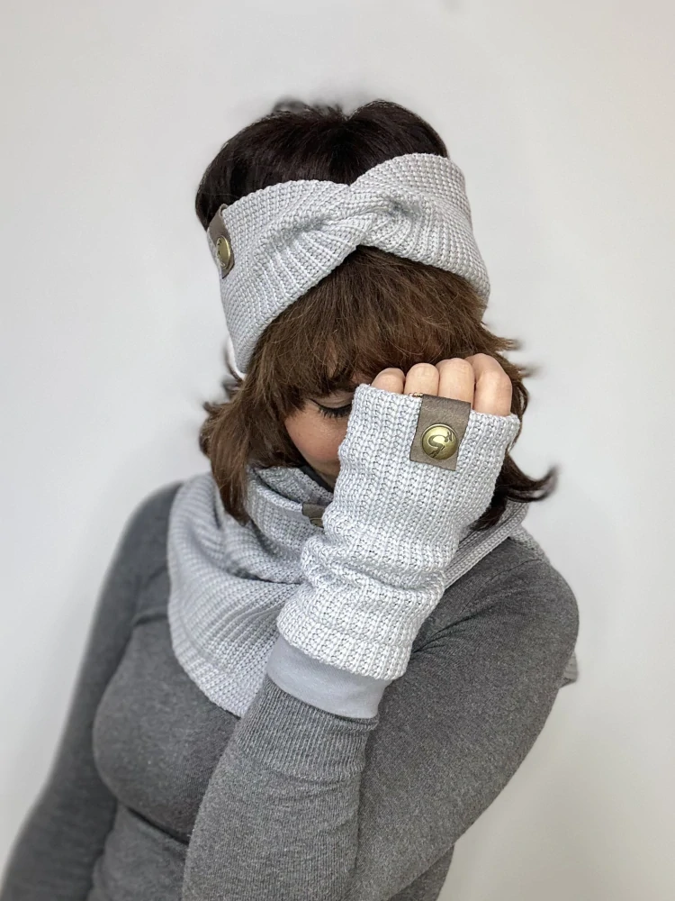 Boho pletená čelenka - Misty grey
