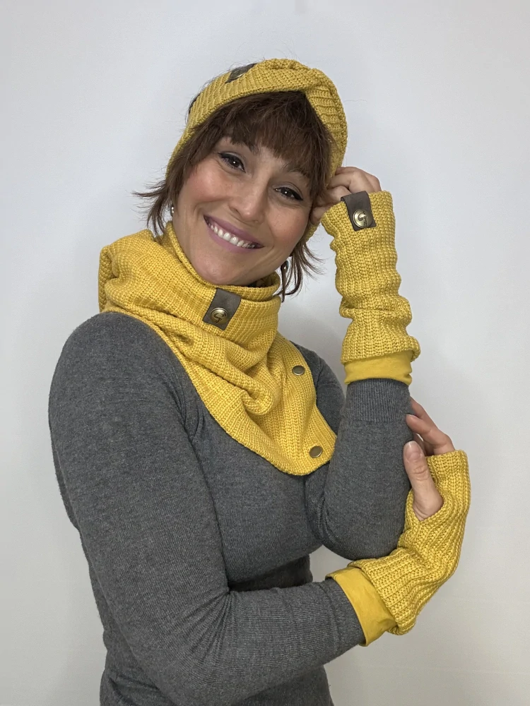 Boho pletené návleky na ruce - Mustard